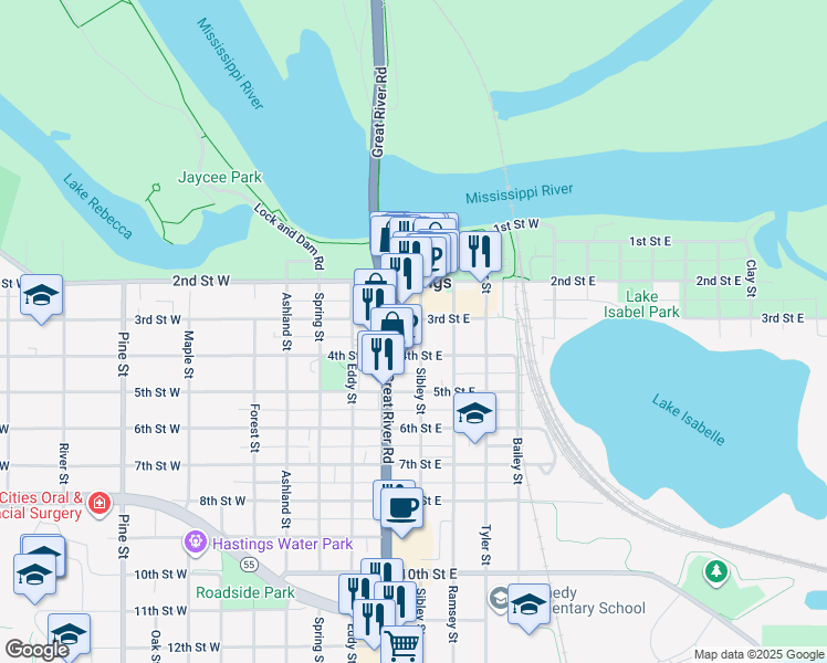 map of restaurants, bars, coffee shops, grocery stores, and more near 101 4th Street East in Hastings