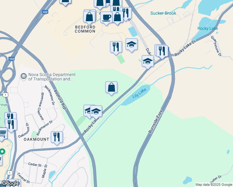 map of restaurants, bars, coffee shops, grocery stores, and more near 538 Rocky Lake Drive in Bedford