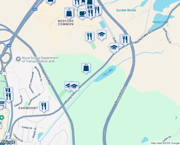 map of restaurants, bars, coffee shops, grocery stores, and more near 538 Rocky Lake Drive in Bedford