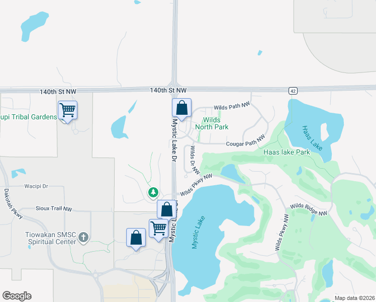 map of restaurants, bars, coffee shops, grocery stores, and more near 2603 Waterfall Way Northwest in Prior Lake