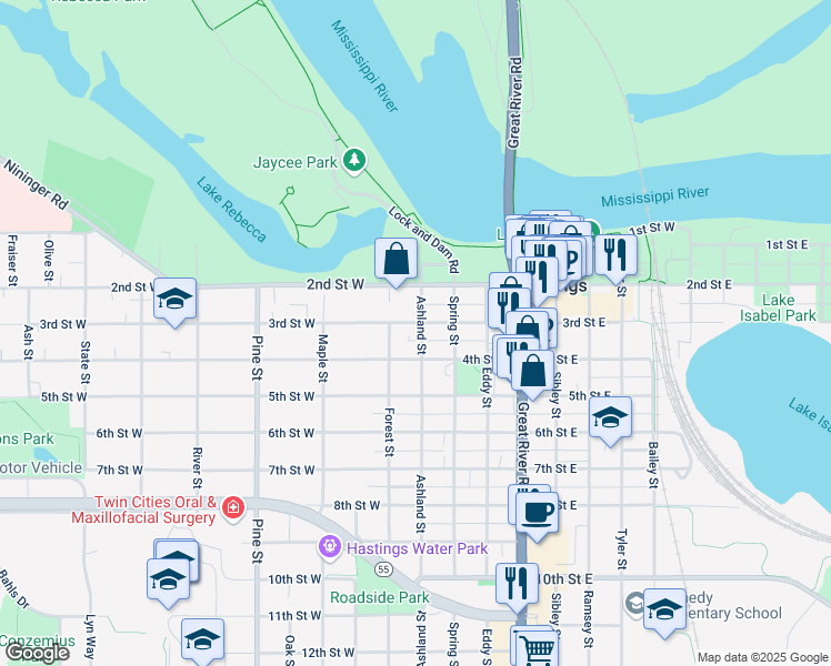 map of restaurants, bars, coffee shops, grocery stores, and more near 316 3rd Street West in Hastings