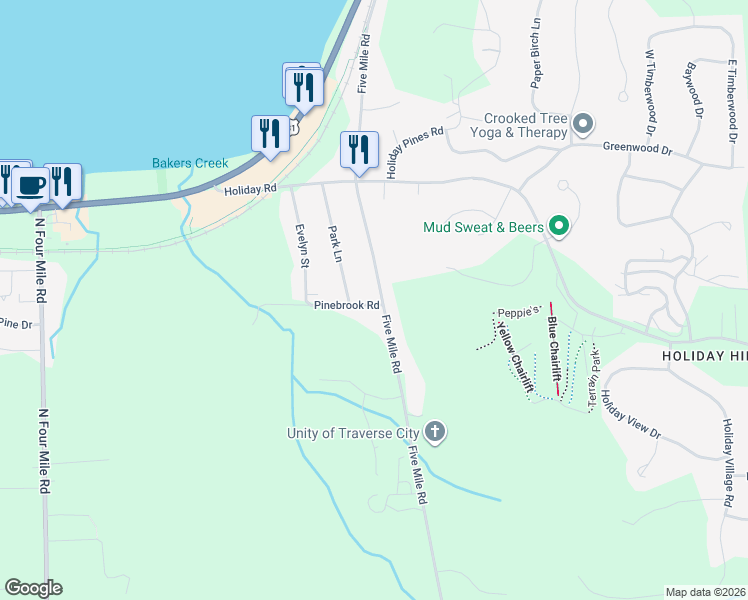 map of restaurants, bars, coffee shops, grocery stores, and more near 3800-3998 Park Ln in Traverse City