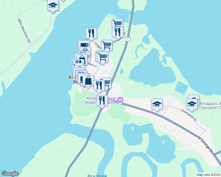 map of restaurants, bars, coffee shops, grocery stores, and more near 2 Prince Albert Road in Annapolis Royal