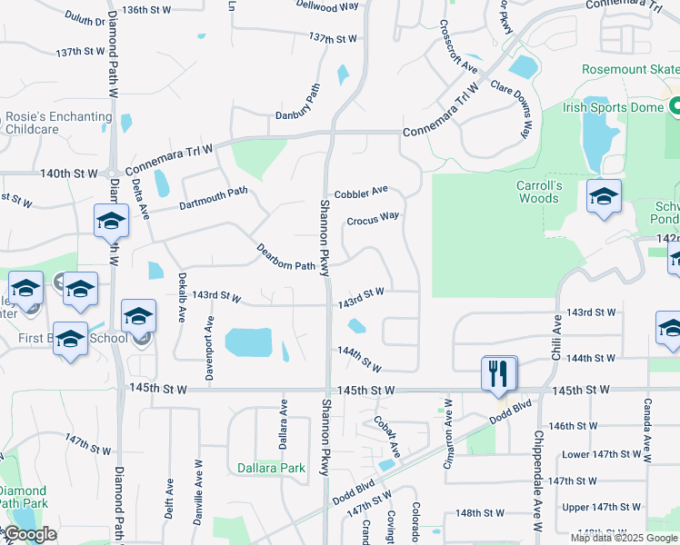 map of restaurants, bars, coffee shops, grocery stores, and more near 14224 Cranberry Way in Rosemount