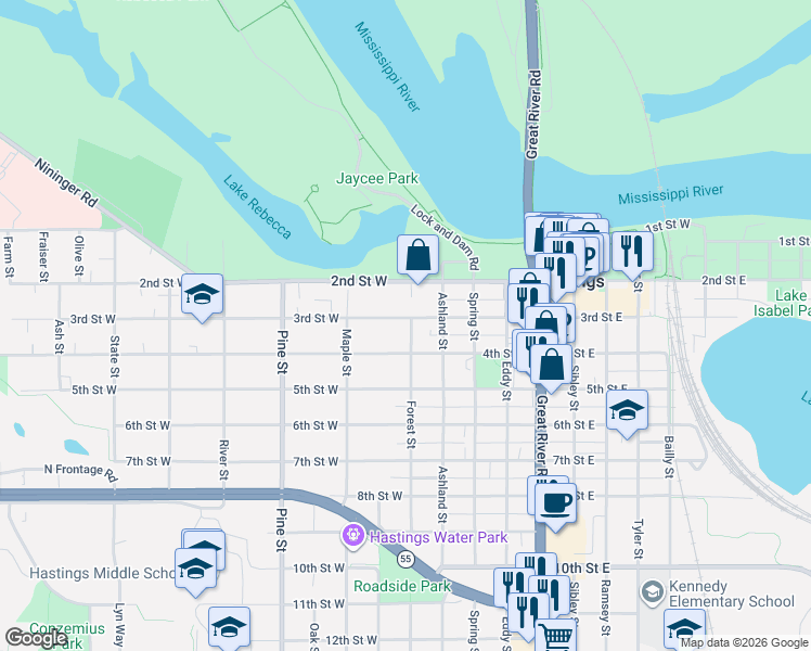 map of restaurants, bars, coffee shops, grocery stores, and more near 415 2nd Street West in Hastings