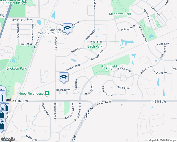 map of restaurants, bars, coffee shops, grocery stores, and more near 14237 Banyan Lane in Rosemount