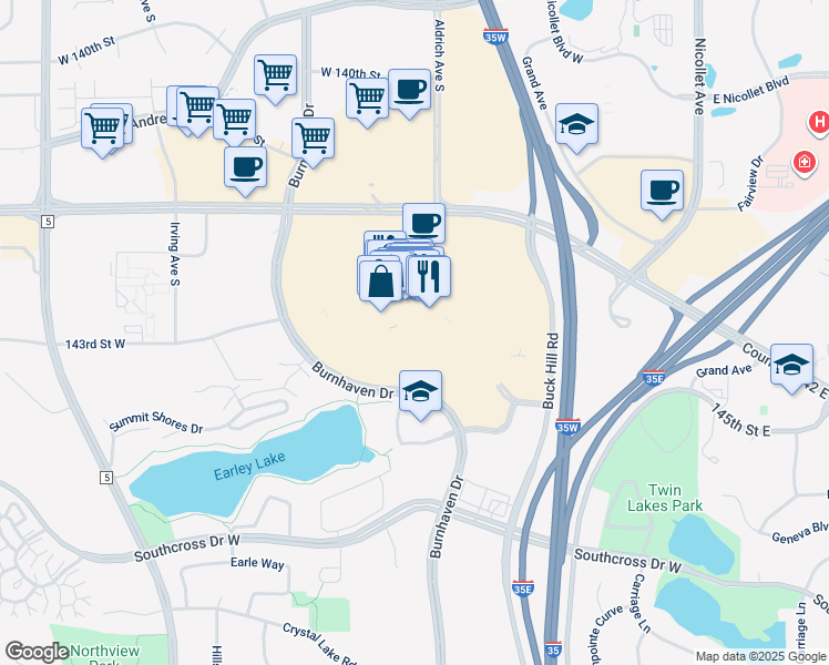 map of restaurants, bars, coffee shops, grocery stores, and more near 14301 Burnhaven Drive in Burnsville