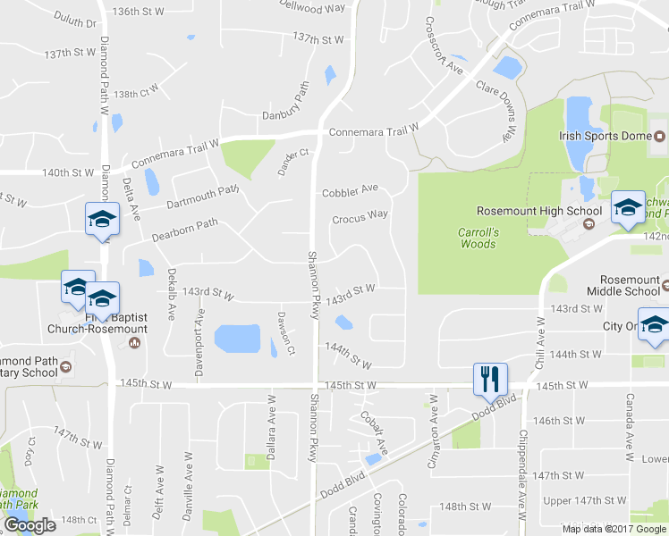 map of restaurants, bars, coffee shops, grocery stores, and more near 14224 Cranberry Way in Rosemount