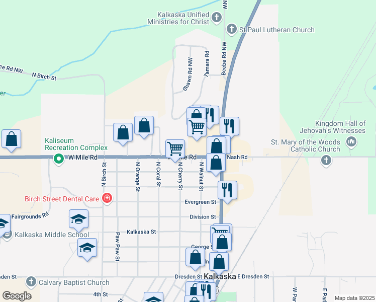 map of restaurants, bars, coffee shops, grocery stores, and more near 206 West Mile Road in Kalkaska