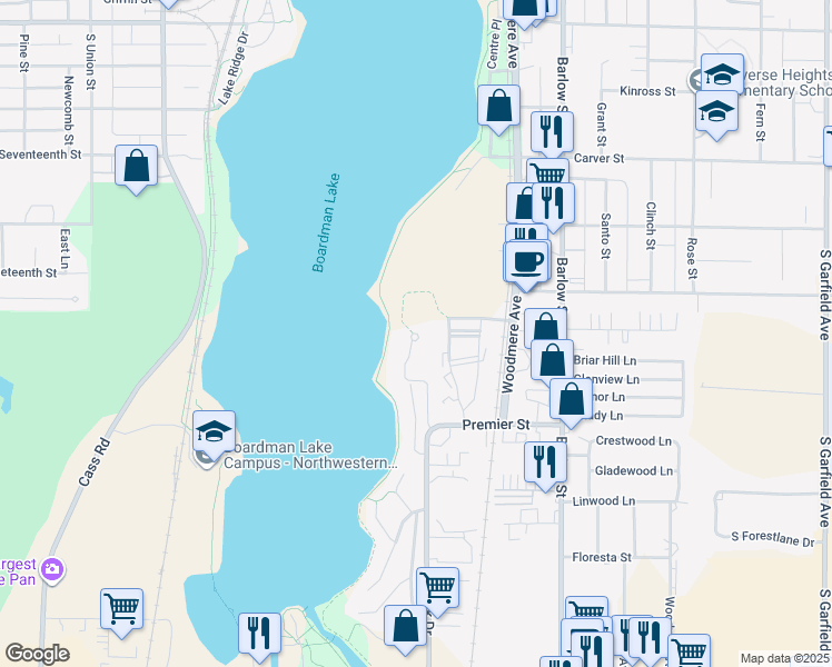 map of restaurants, bars, coffee shops, grocery stores, and more near 1400 Brigadoon Court in Traverse City