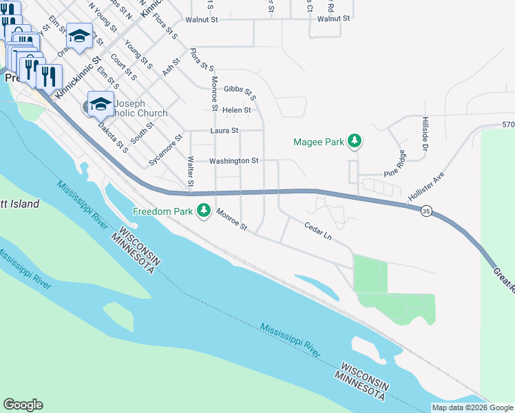 map of restaurants, bars, coffee shops, grocery stores, and more near 255 Lawrence Street in Prescott