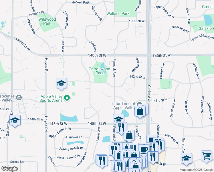 map of restaurants, bars, coffee shops, grocery stores, and more near 7786 142nd Street West in Apple Valley
