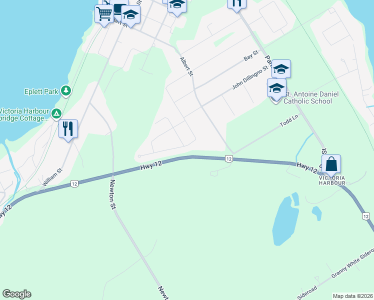 map of restaurants, bars, coffee shops, grocery stores, and more near 11 Hunter Avenue in Simcoe County