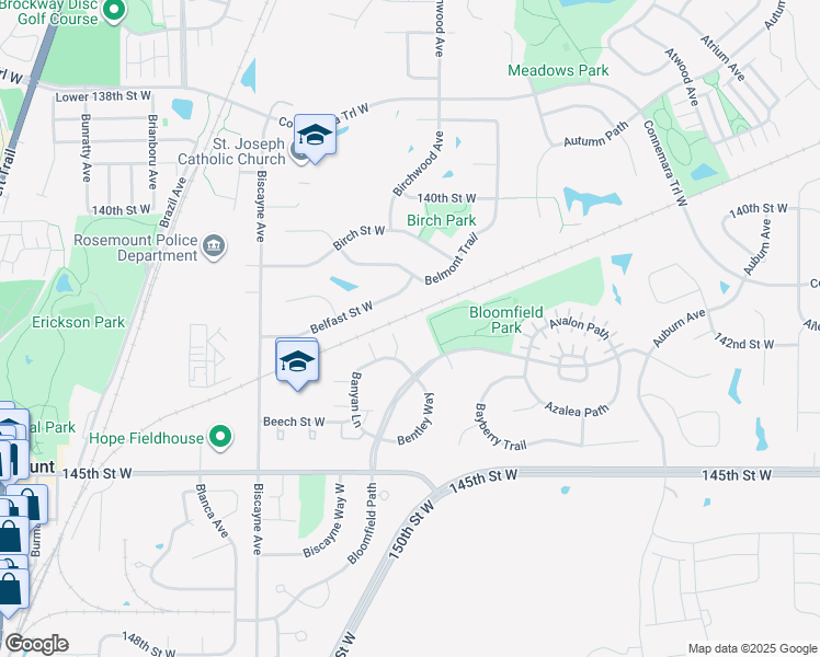 map of restaurants, bars, coffee shops, grocery stores, and more near 14237 Banyan Lane in Rosemount