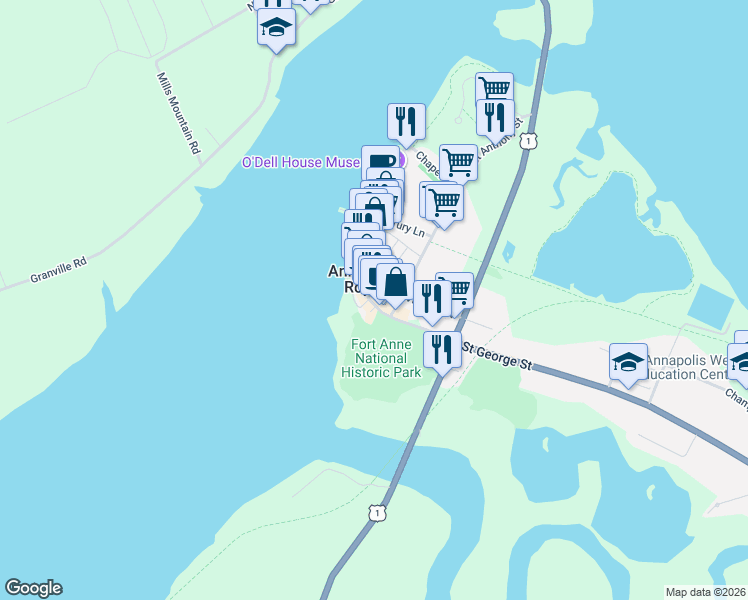 map of restaurants, bars, coffee shops, grocery stores, and more near 286 Saint George Street in Annapolis Royal