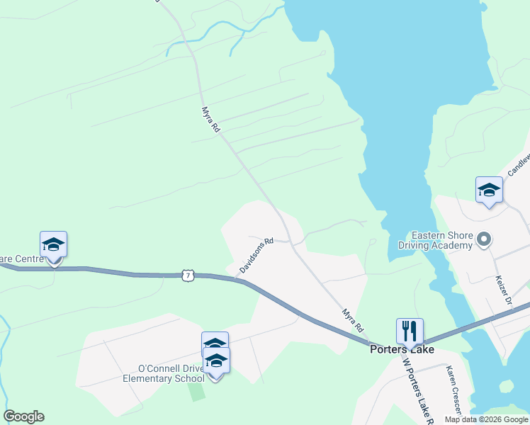map of restaurants, bars, coffee shops, grocery stores, and more near 164 Myra Road in Porters Lake