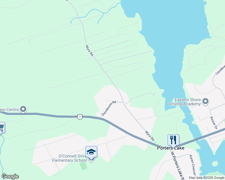 map of restaurants, bars, coffee shops, grocery stores, and more near 164 Myra Road in Porters Lake