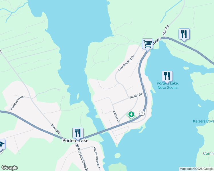 map of restaurants, bars, coffee shops, grocery stores, and more near 15 Porterfield Drive in Porters Lake