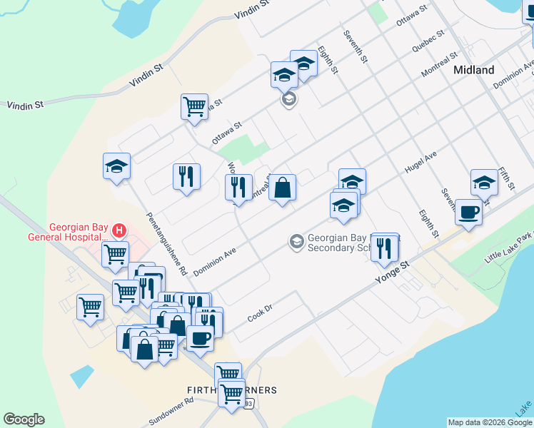 map of restaurants, bars, coffee shops, grocery stores, and more near in Midland