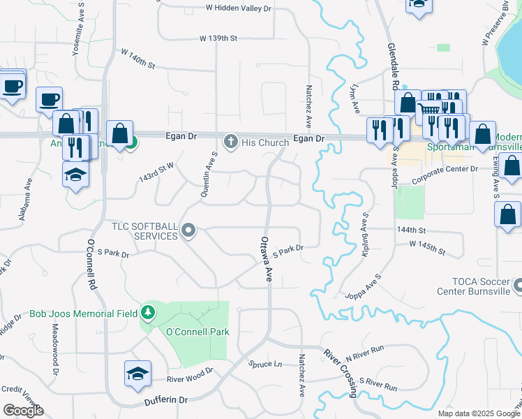 map of restaurants, bars, coffee shops, grocery stores, and more near 4929 144th Street in Savage