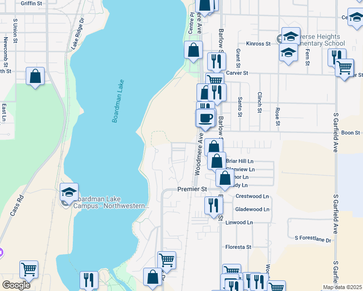 map of restaurants, bars, coffee shops, grocery stores, and more near 1427 Newport Street in Traverse City