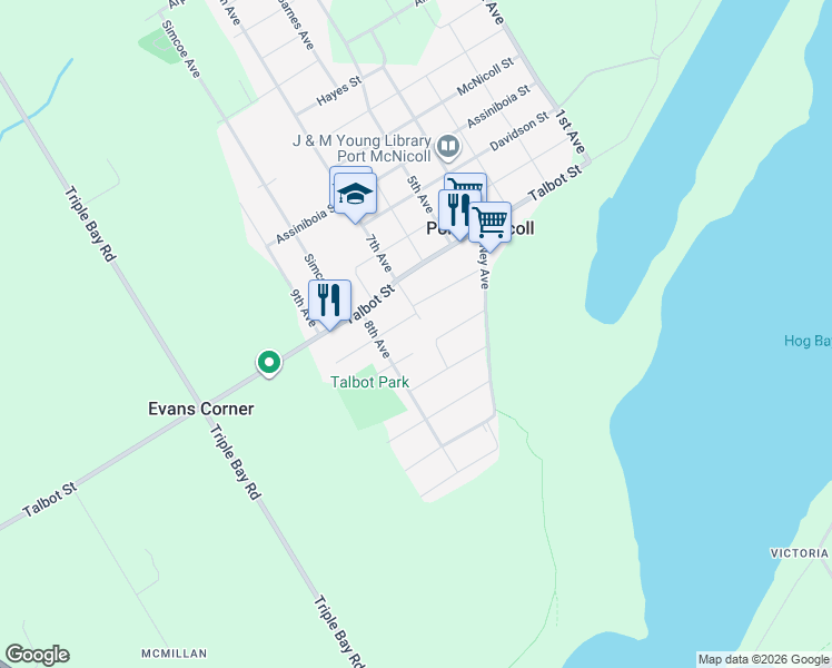 map of restaurants, bars, coffee shops, grocery stores, and more near 489 Finlayson Street in Port McNicoll