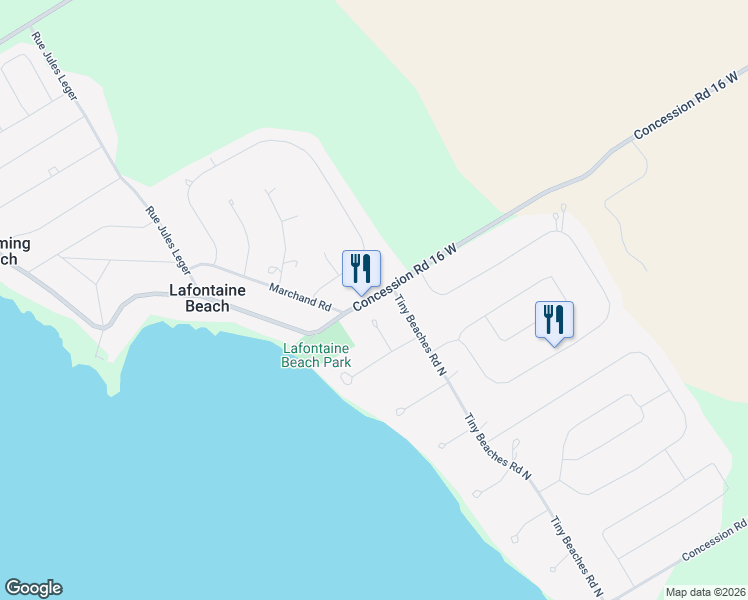 map of restaurants, bars, coffee shops, grocery stores, and more near 745 Concession Road 16 West in Penetanguishene