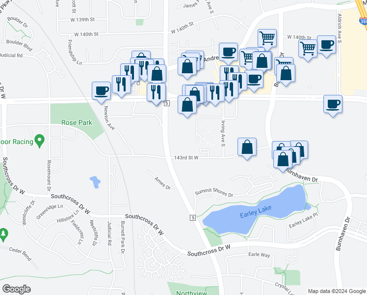 map of restaurants, bars, coffee shops, grocery stores, and more near 1600 143rd Street West in Burnsville
