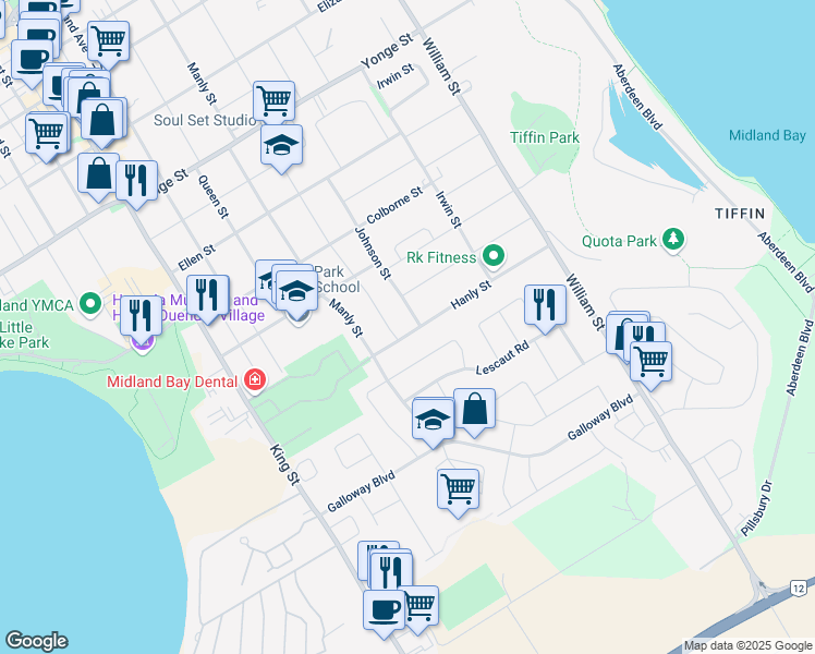 map of restaurants, bars, coffee shops, grocery stores, and more near 588 Johnson Street in Midland
