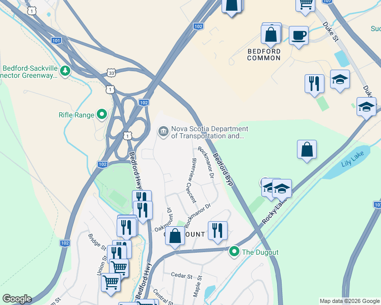 map of restaurants, bars, coffee shops, grocery stores, and more near 90 Riverview Crescent in Bedford