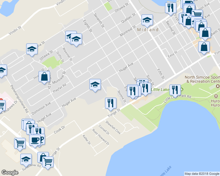 map of restaurants, bars, coffee shops, grocery stores, and more near 300 Norene Street in Midland