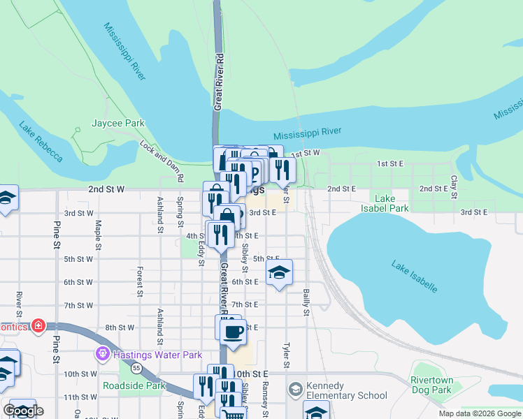 map of restaurants, bars, coffee shops, grocery stores, and more near 222 Ramsey Street in Hastings