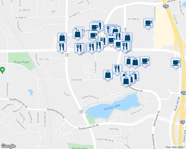map of restaurants, bars, coffee shops, grocery stores, and more near 14274 Irving Avenue South in Burnsville