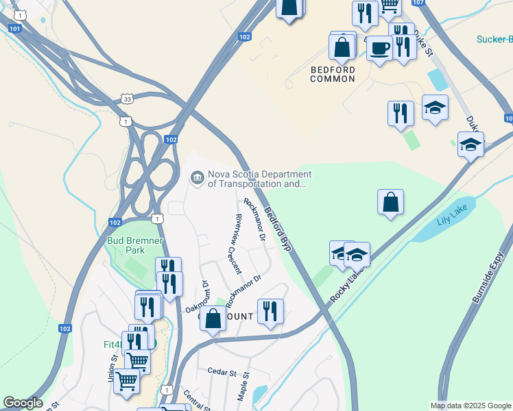 map of restaurants, bars, coffee shops, grocery stores, and more near 169 Rockmanor Drive in Bedford