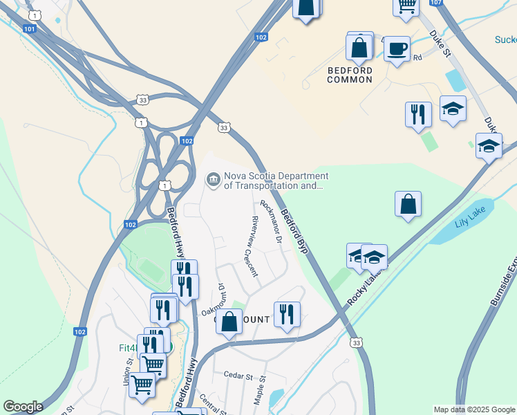 map of restaurants, bars, coffee shops, grocery stores, and more near 180 Rockmanor Drive in Bedford