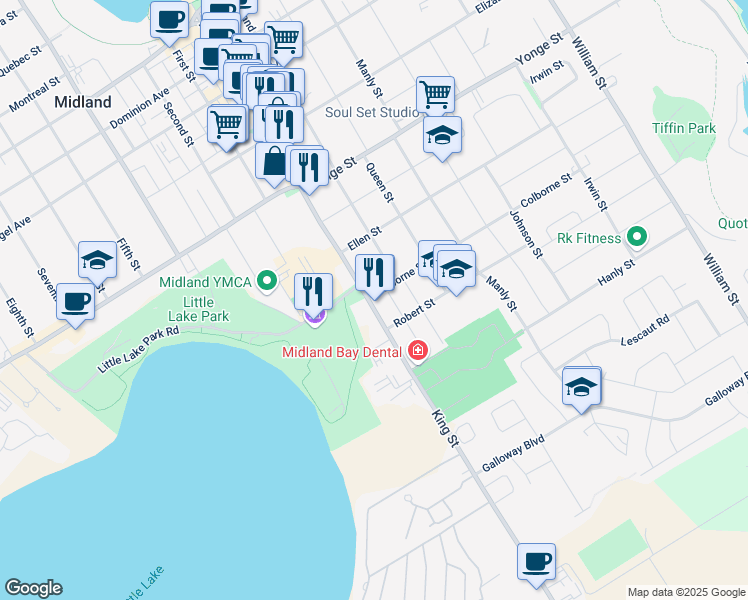 map of restaurants, bars, coffee shops, grocery stores, and more near 493 Colborne Street in Midland