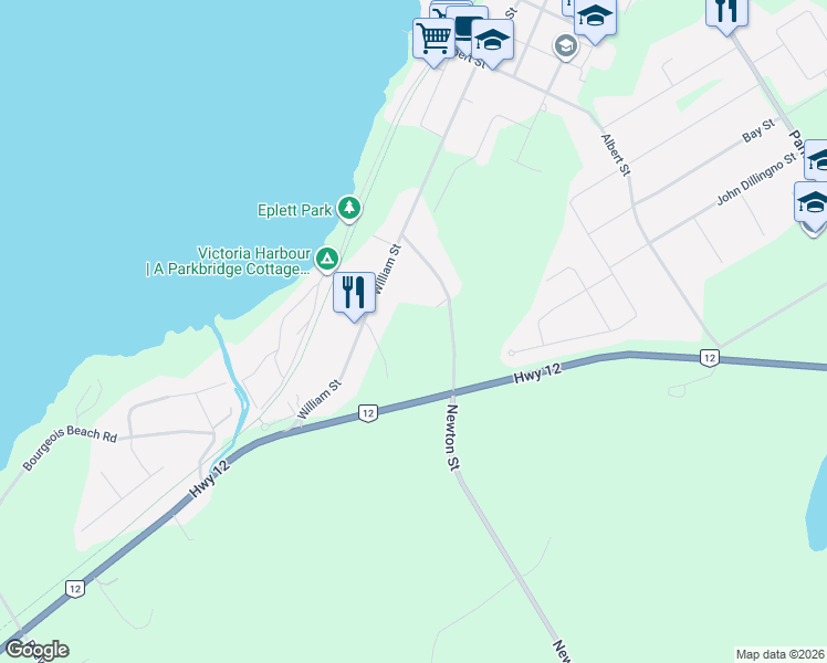 map of restaurants, bars, coffee shops, grocery stores, and more near 400 Newton Street in Simcoe County