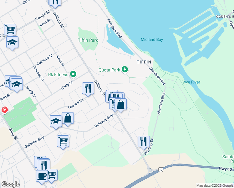 map of restaurants, bars, coffee shops, grocery stores, and more near 606 Bayview Drive in Midland