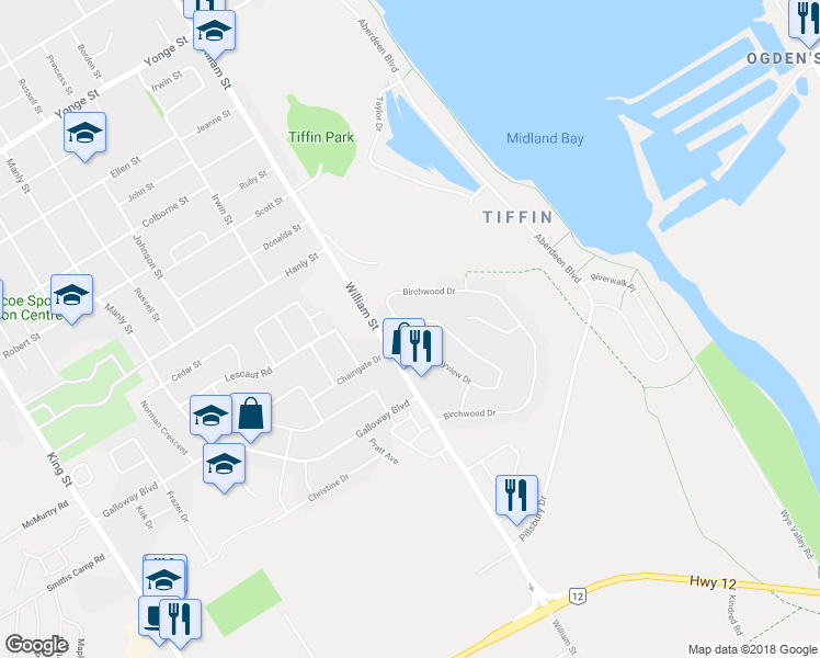 map of restaurants, bars, coffee shops, grocery stores, and more near 606 Bayview Drive in Midland