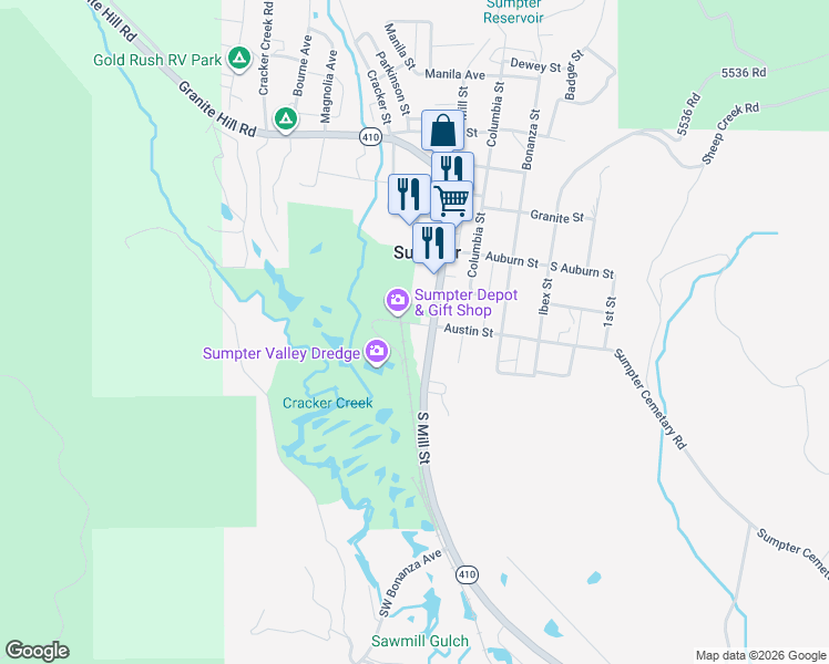 map of restaurants, bars, coffee shops, grocery stores, and more near 175 Austin Street in Sumpter