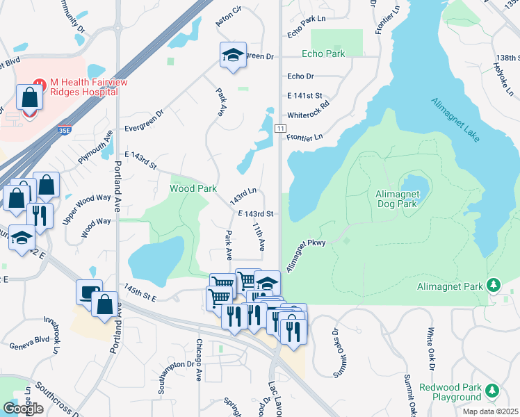 map of restaurants, bars, coffee shops, grocery stores, and more near 14240 11th Avenue in Burnsville