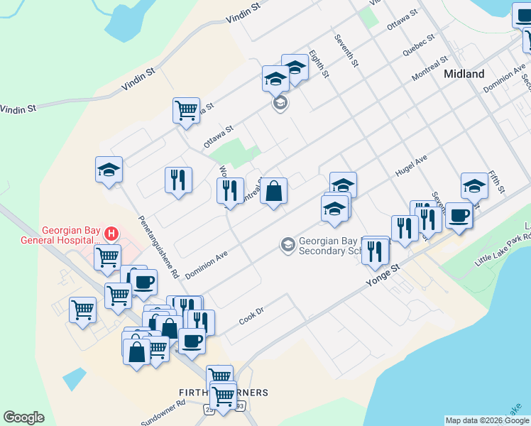 map of restaurants, bars, coffee shops, grocery stores, and more near 238 Margaret Street in Midland