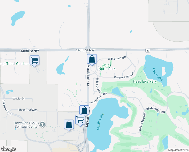 map of restaurants, bars, coffee shops, grocery stores, and more near 2620 Waterfall Way Northwest in Prior Lake