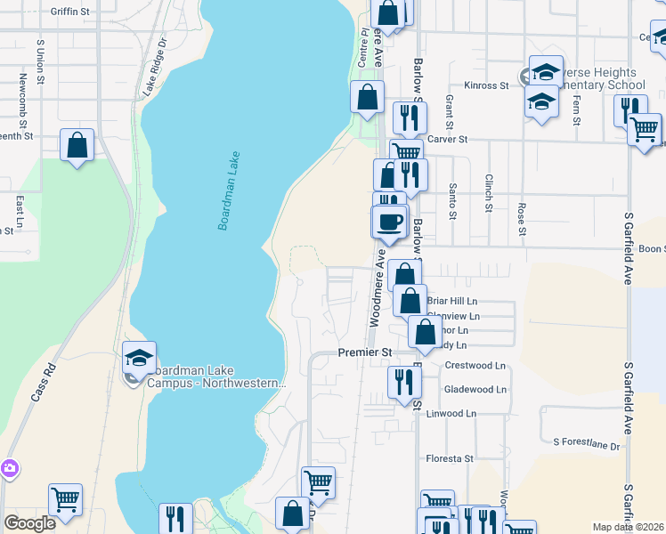 map of restaurants, bars, coffee shops, grocery stores, and more near 1427 Newport Street in Traverse City