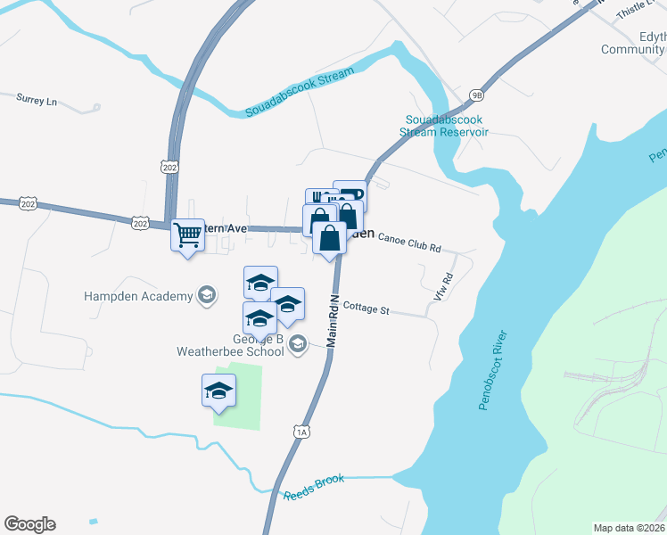 map of restaurants, bars, coffee shops, grocery stores, and more near 50 U.S. 1A in Hampden