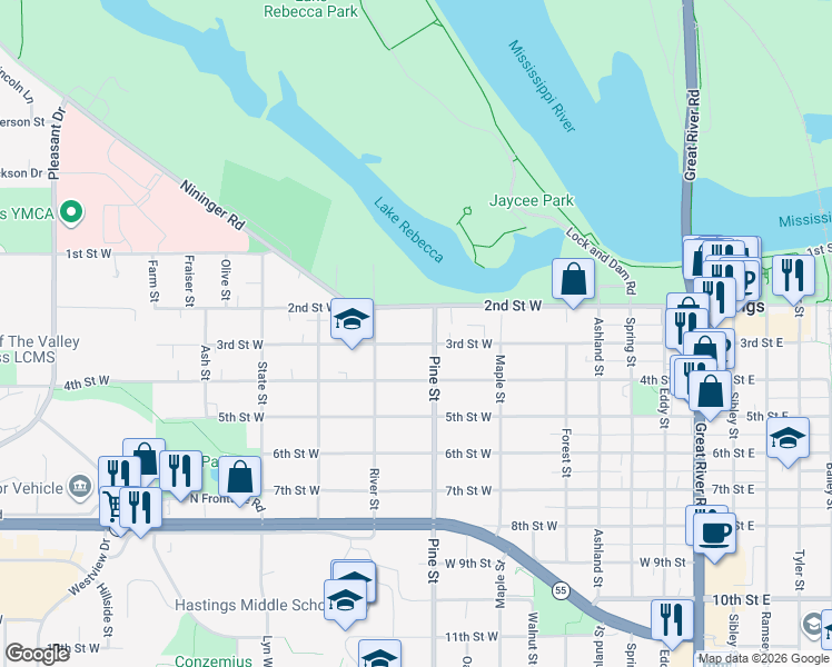 map of restaurants, bars, coffee shops, grocery stores, and more near 710 3rd Street West in Hastings