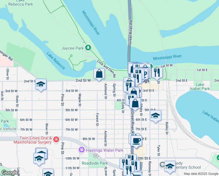 map of restaurants, bars, coffee shops, grocery stores, and more near 316 3rd St W in Hastings