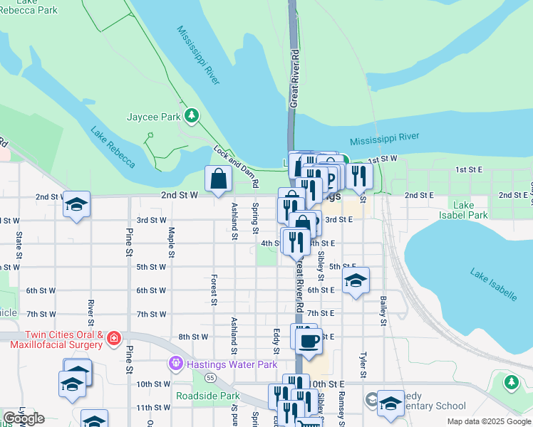 map of restaurants, bars, coffee shops, grocery stores, and more near 214 3rd Street West in Hastings