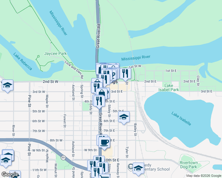 map of restaurants, bars, coffee shops, grocery stores, and more near 219 Sibley Street in Hastings
