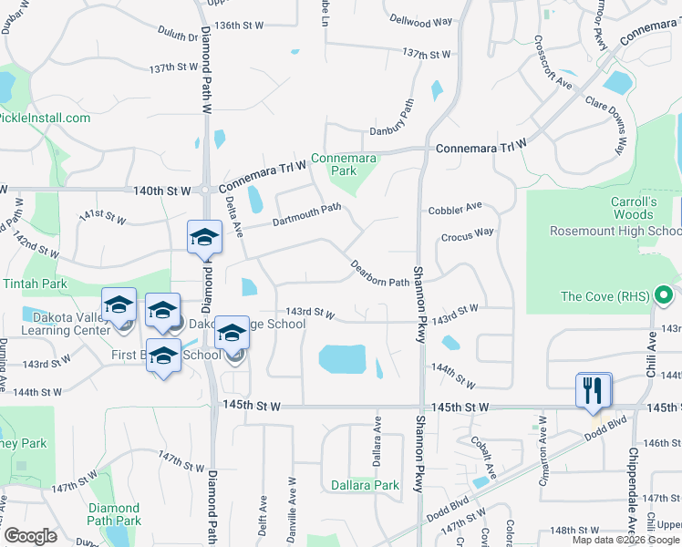 map of restaurants, bars, coffee shops, grocery stores, and more near 14179 Davenport Path in Rosemount